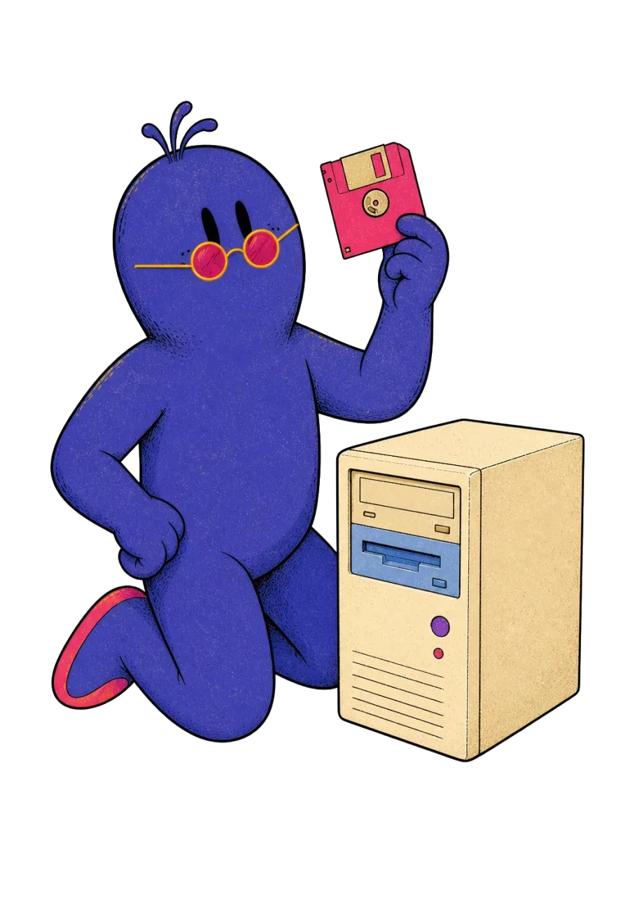 Il puppet indaco mostra un floppy accanto a un computer 486